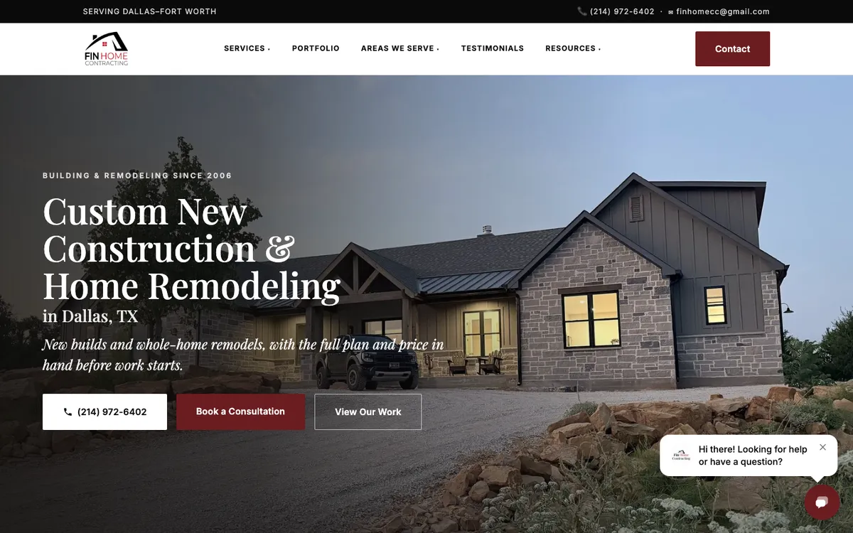 Home page of Fin Home Custom Contracting's website